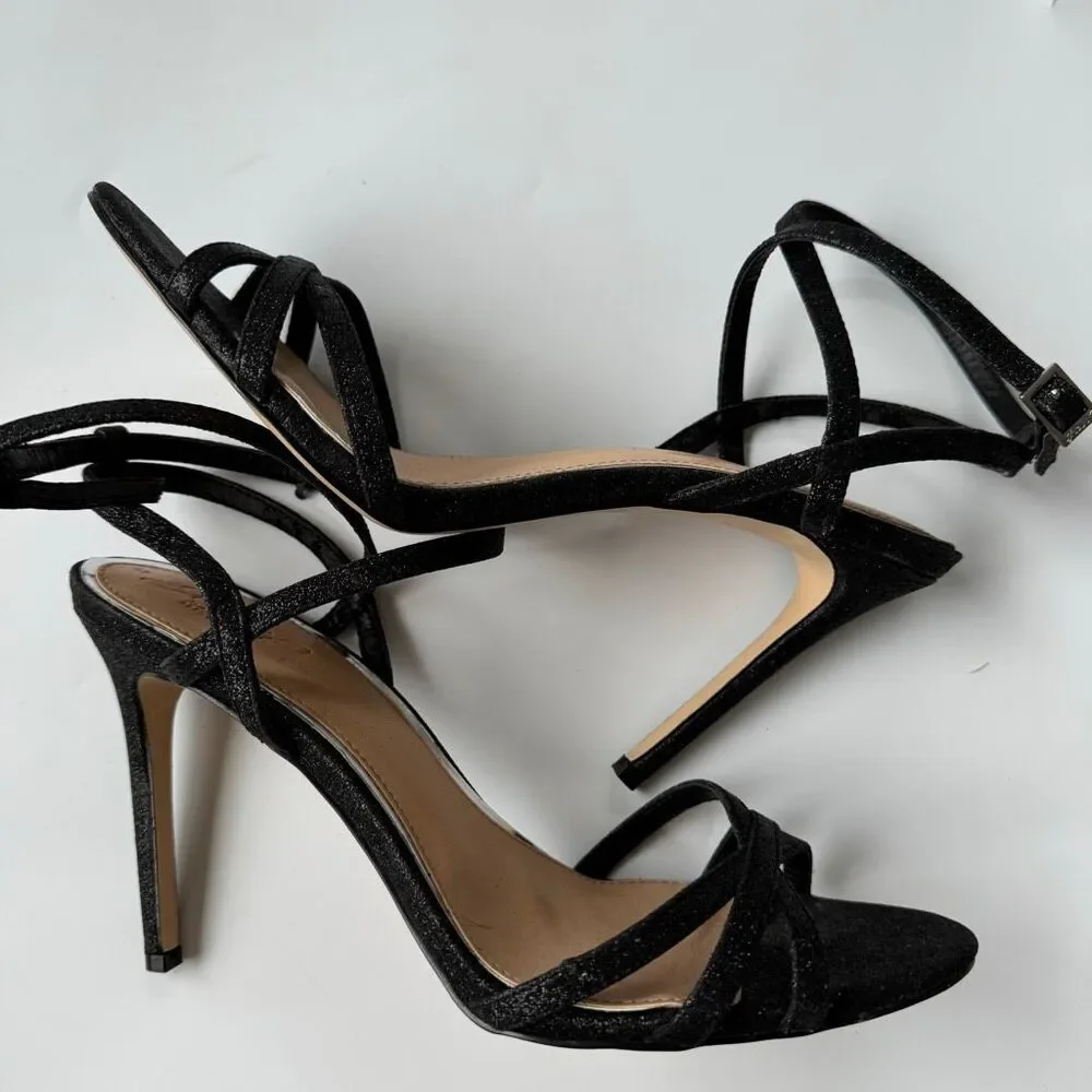 Badgley Mischka Open Toe Black Metallic Stiletto Party Strappy 4.5” Heel Size 10
